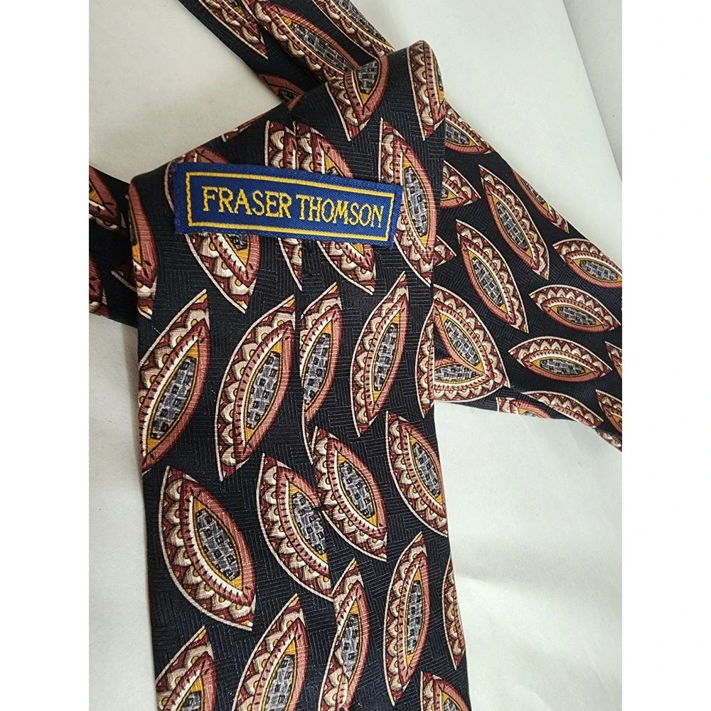 Fraser Thomson Mens Silk Necktie Black Burgundy Gold Geometric Pattern USA Made